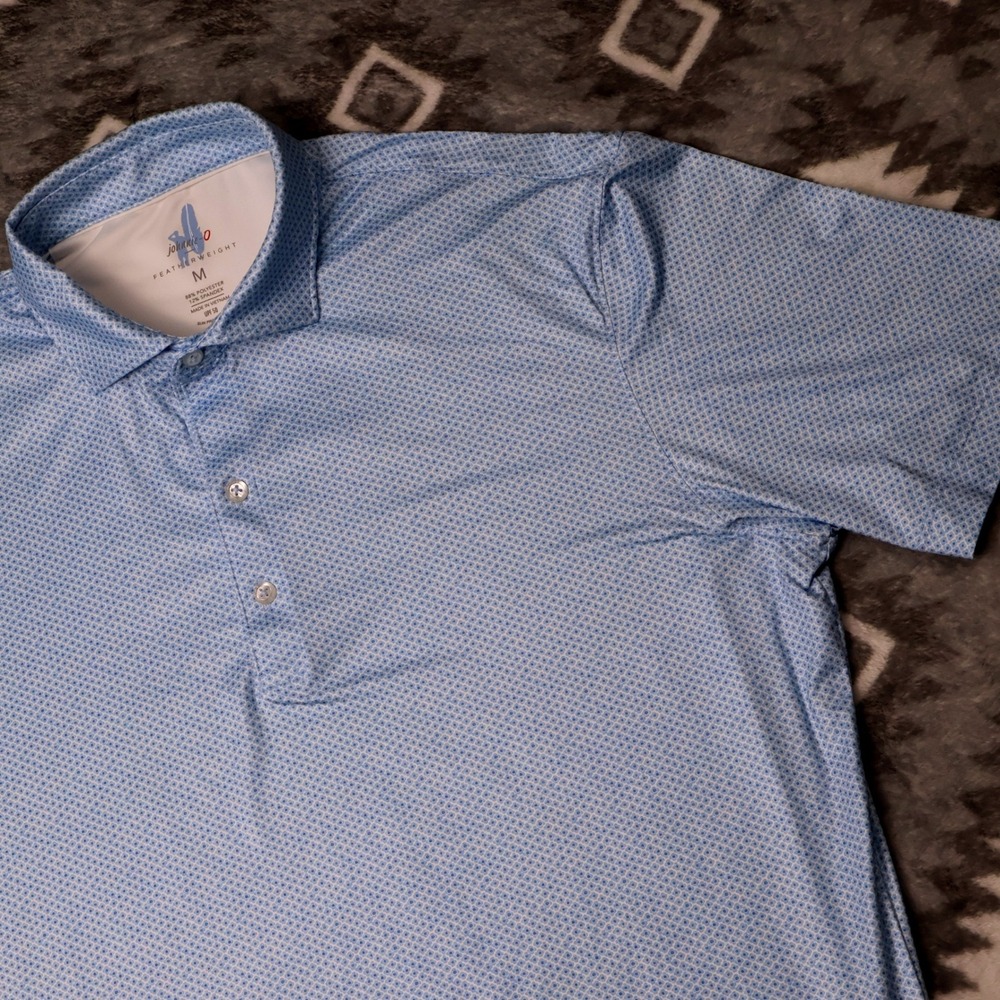 johnnie-O Featherweight Polo Light Blue Geometric Print Mens M UPF 50 Golf Shirt